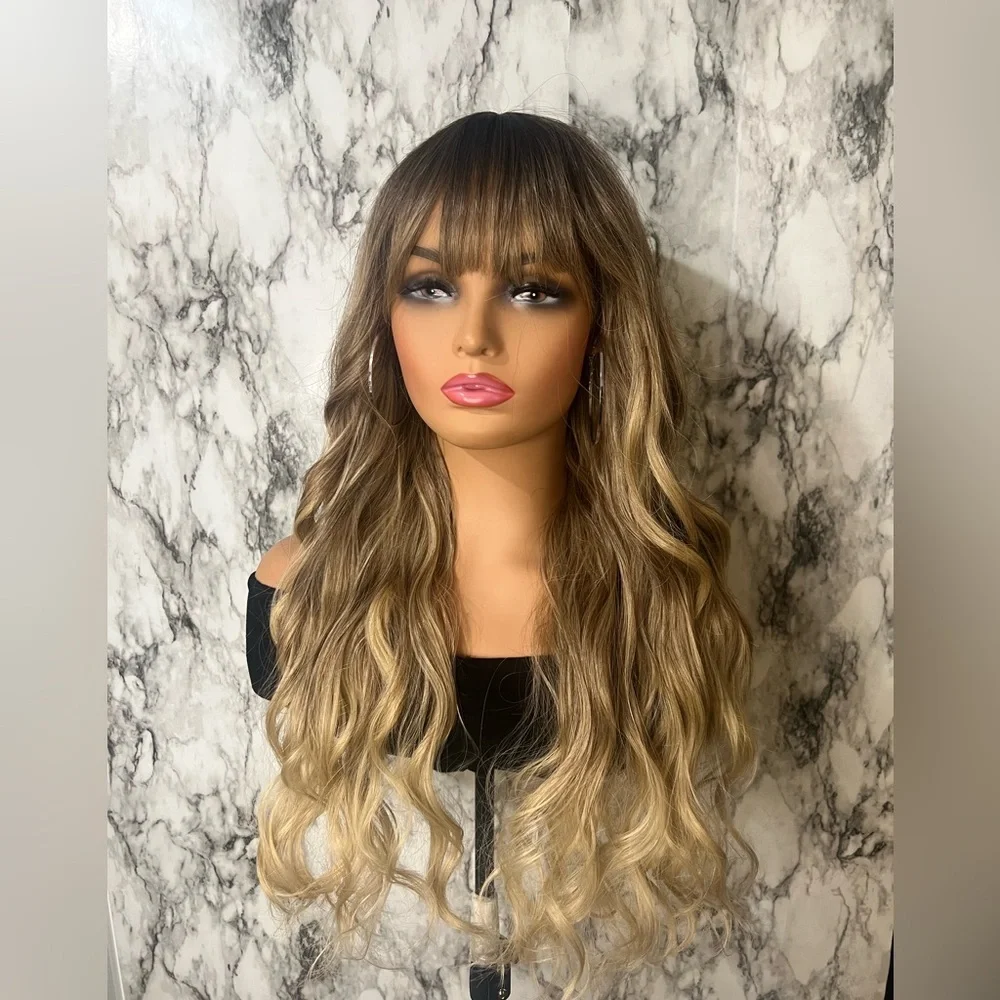 24 Inch Ombre Brown Rooted & Blonde highlights Wavy Hair with bangs  Lon… - Picture 6 of 11